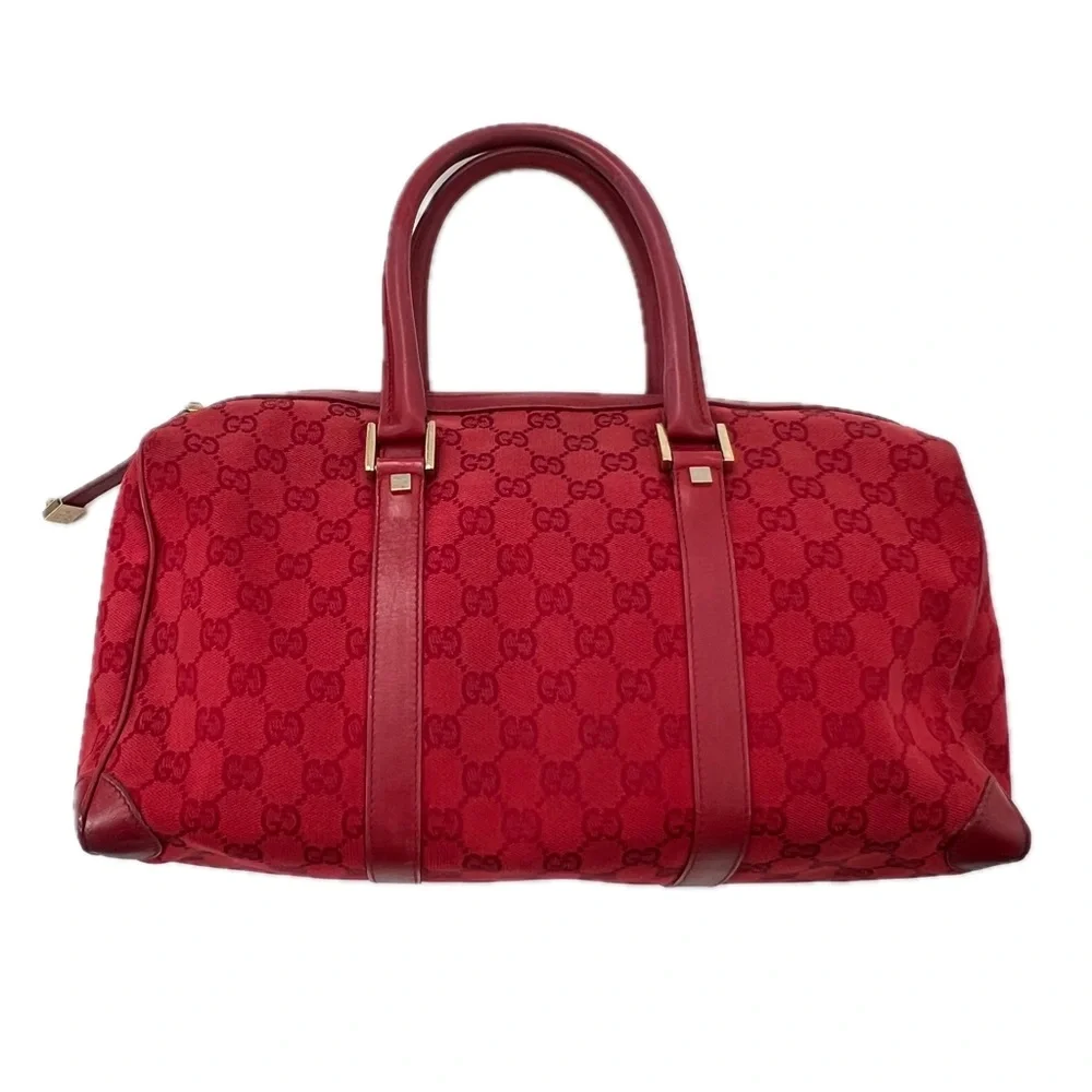 GUCCI GG Canvas Boston Bag, Red Jacquard Fabric, Red Leather Trim, Authentic